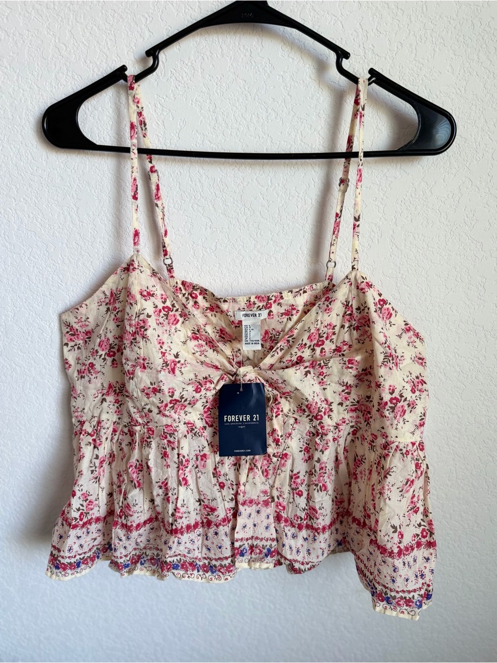 Forever 21 Cream Floral Tie-Front Camisole with Pink Print